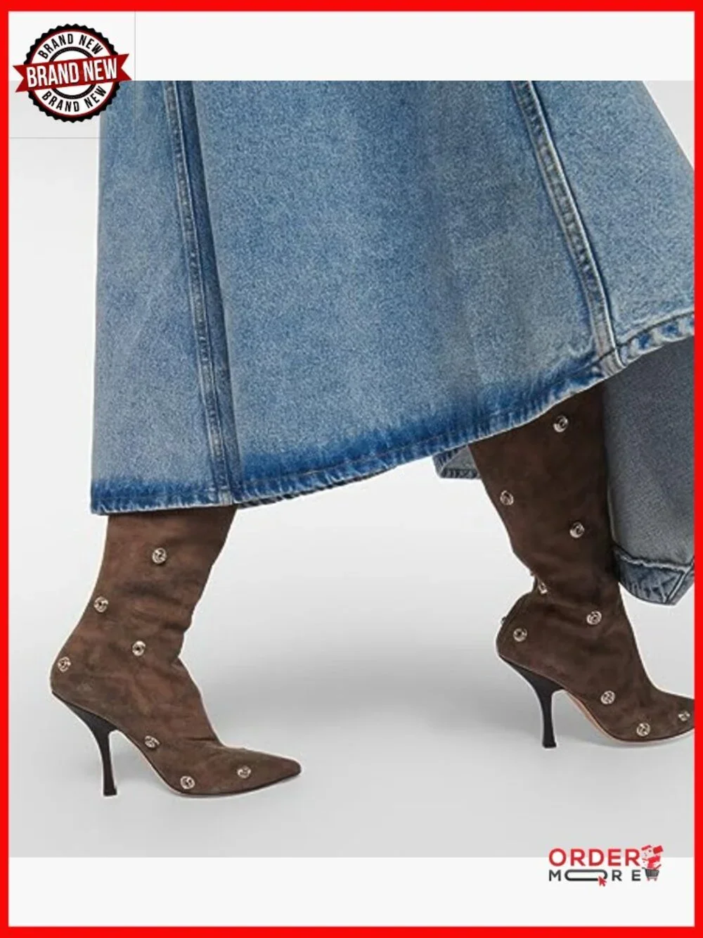 Denim Over-the-Knee Boots with Stiletto Heel, Snap Buttons, Pointed Toe
